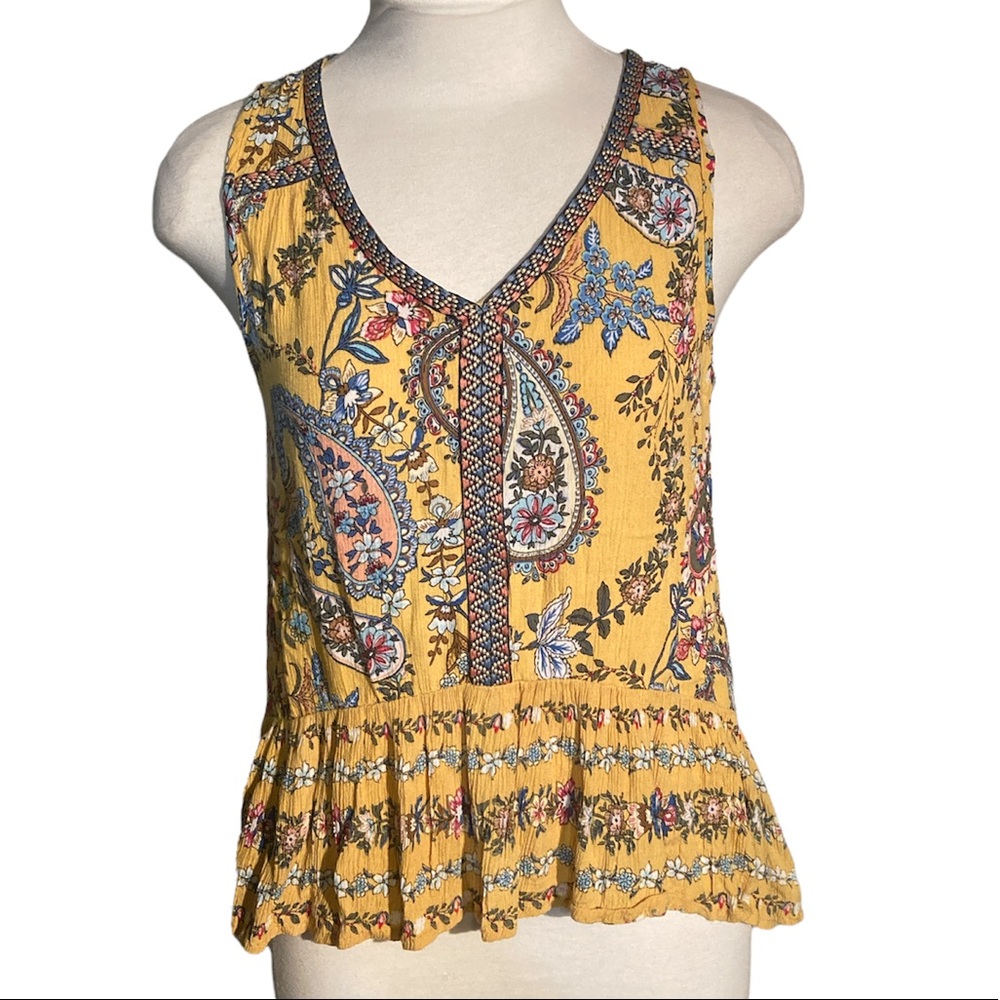 Patrons of Peace Yellow Paisley Print Blouse Bohemian Boho Size XS